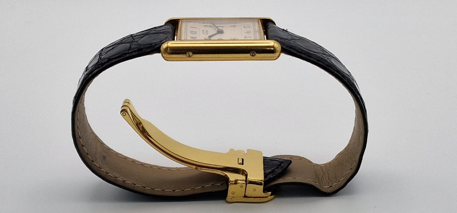 Mid Size 18K Gold on Sterling Silver Must de Cartier Tank Watch | Black Leather Strap | 1989 Vintage Box & Papers