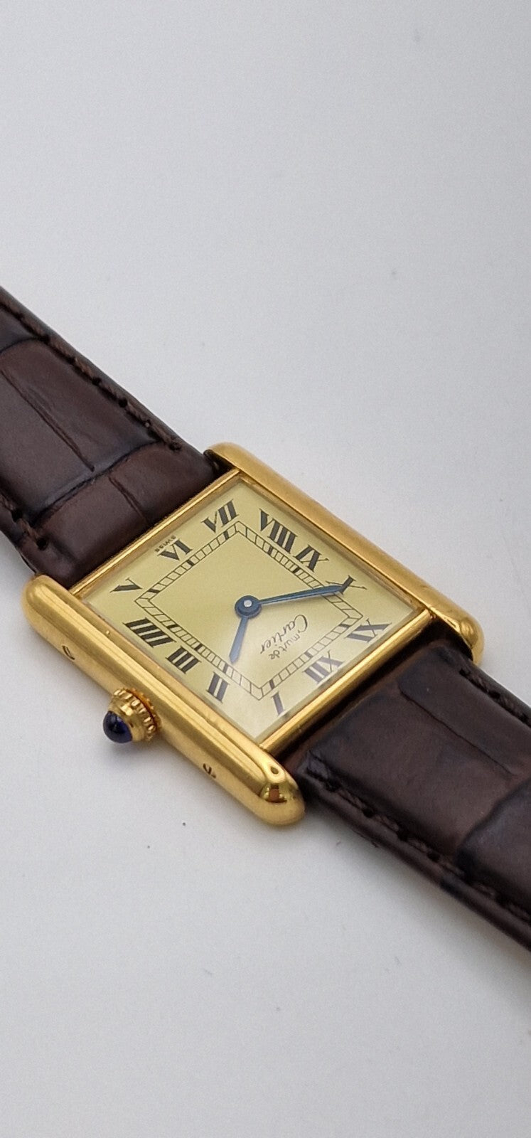 Must de Cartier Tank 18ct Gold on Sterling Silver | Mid Size Watch | New Brown Leather Strap | Vintage Luxury Timepiece