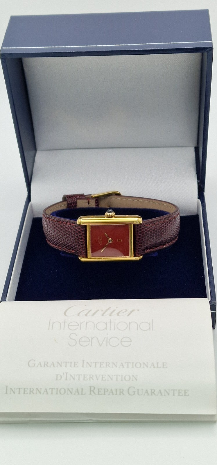 Vintage Cartier Tank Watch | 18ct Gold on Silver | Red Dial | Mechanical Hand-Wound | Ladies Luxury Timepiece | Burgundy Strap