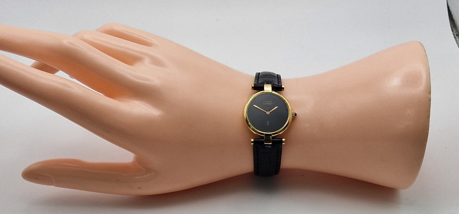 Must de Cartier Vendome 18ct Gold on Silver Lady’s Watch | Black Dial | Original Cartier Movement | New Black Leather Strap