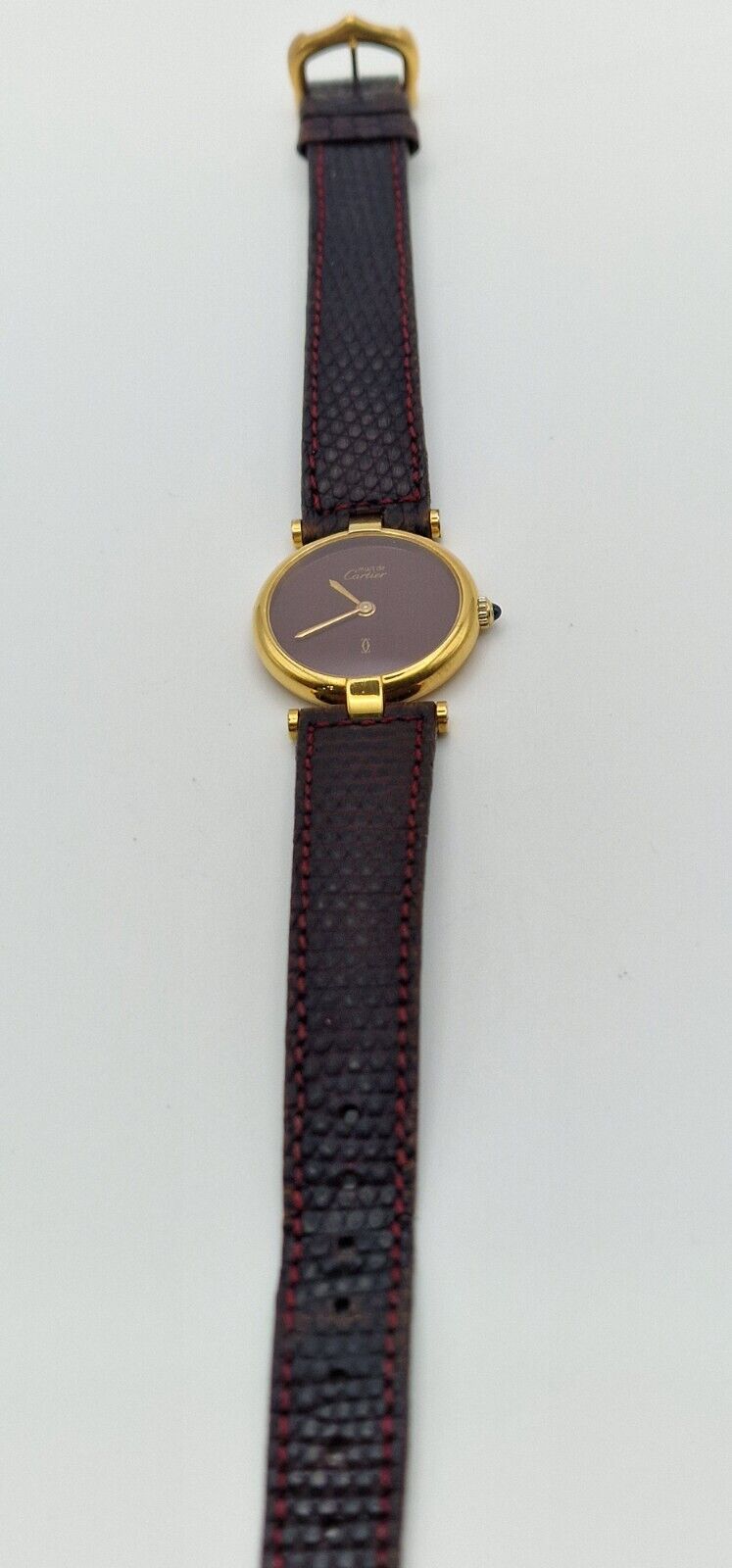 Must de Cartier 18ct Gold on Silver Lady's Watch. Burgundy Dial on Cartier Strap