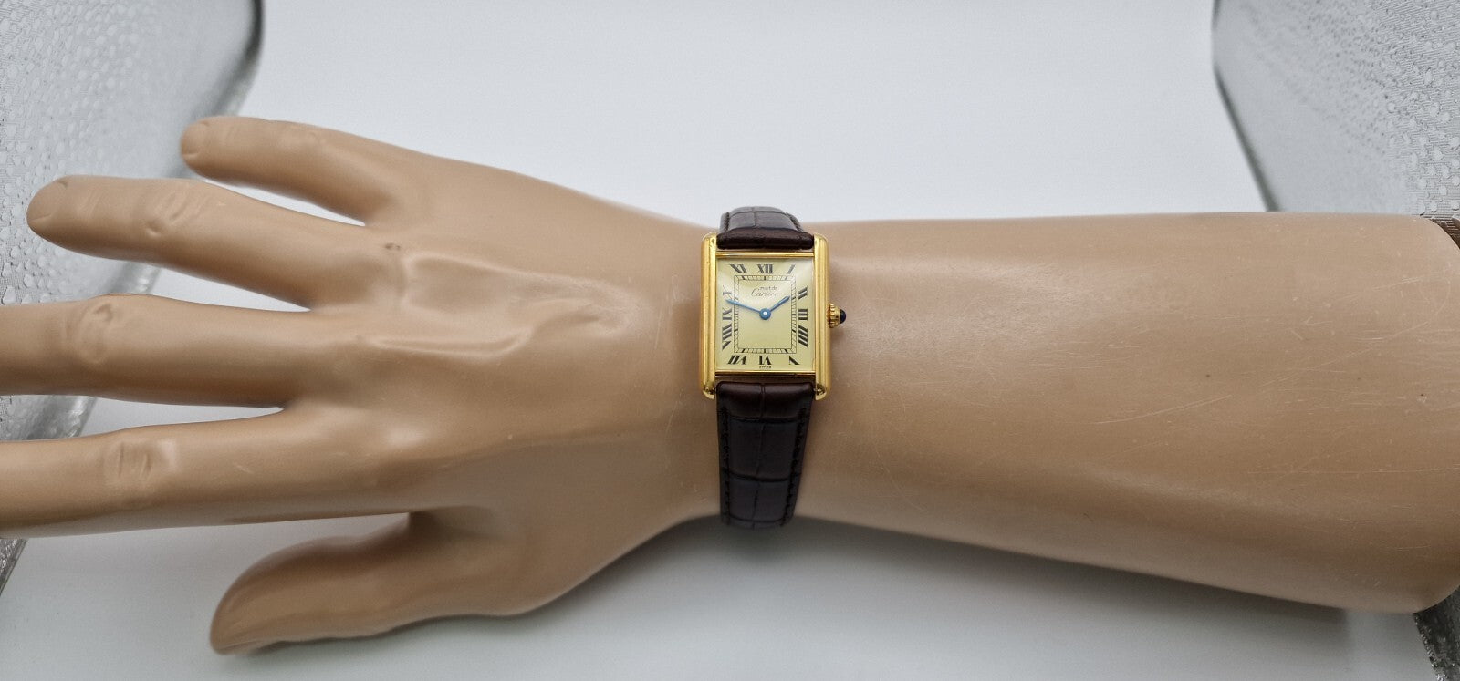 Must de Cartier Tank 18ct Gold on Sterling Silver | Mid Size Watch | New Brown Leather Strap | Vintage Luxury Timepiece