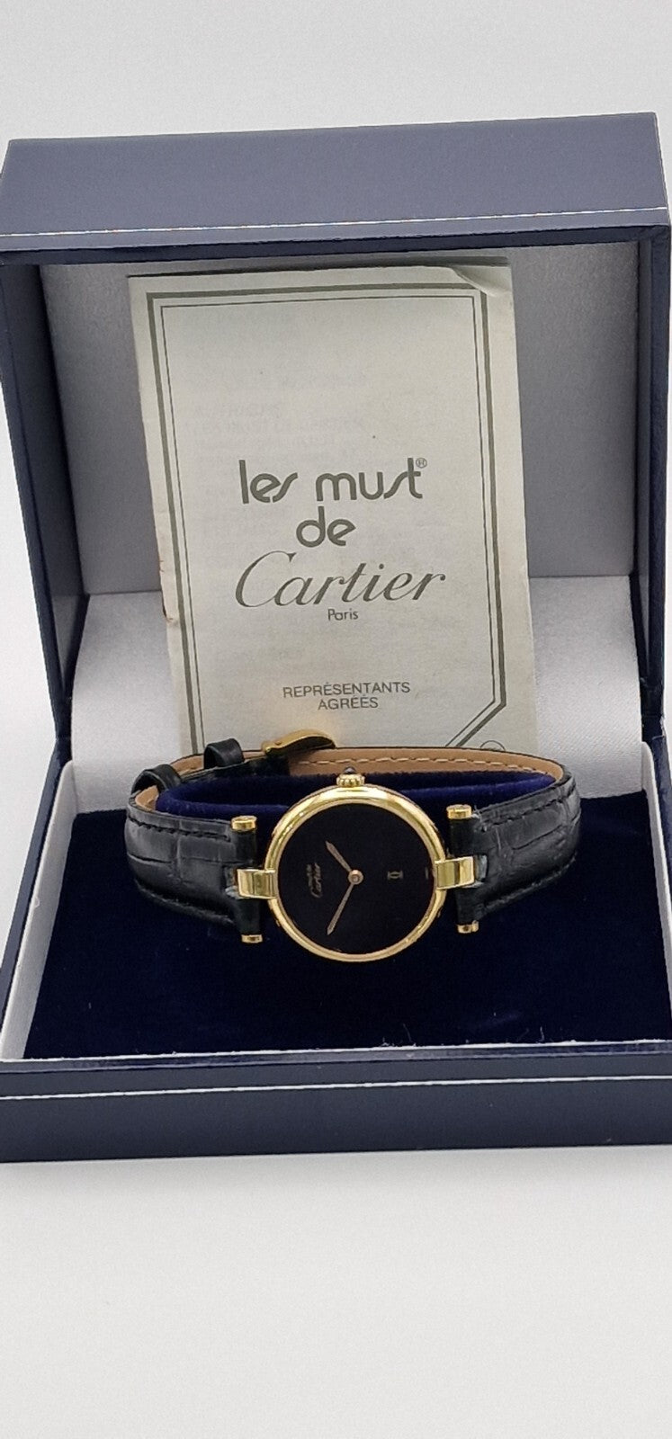 Must de Cartier Vendome 18ct Gold on Silver Lady’s Watch | Black Dial | Original Cartier Movement | New Black Leather Strap