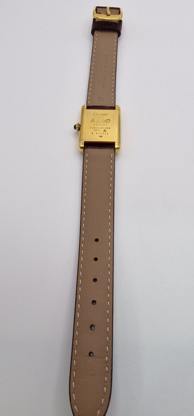 Vintage Cartier Tank Watch | 18ct Gold on Silver | Red Dial | Mechanical Hand-Wound | Ladies Luxury Timepiece | Burgundy Strap