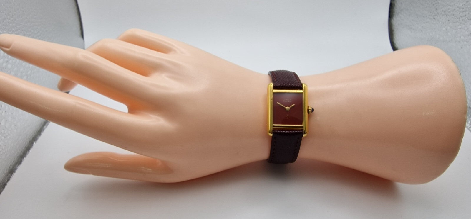 Vintage Cartier Tank Watch | 18ct Gold on Silver | Red Dial | Mechanical Hand-Wound | Ladies Luxury Timepiece | Burgundy Strap