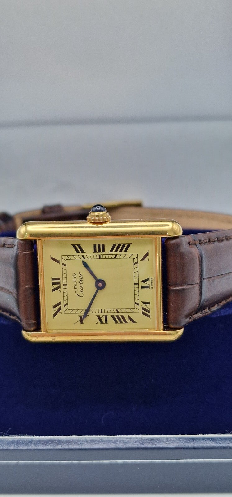 Must de Cartier Tank 18ct Gold on Sterling Silver | Mid Size Watch | New Brown Leather Strap | Vintage Luxury Timepiece