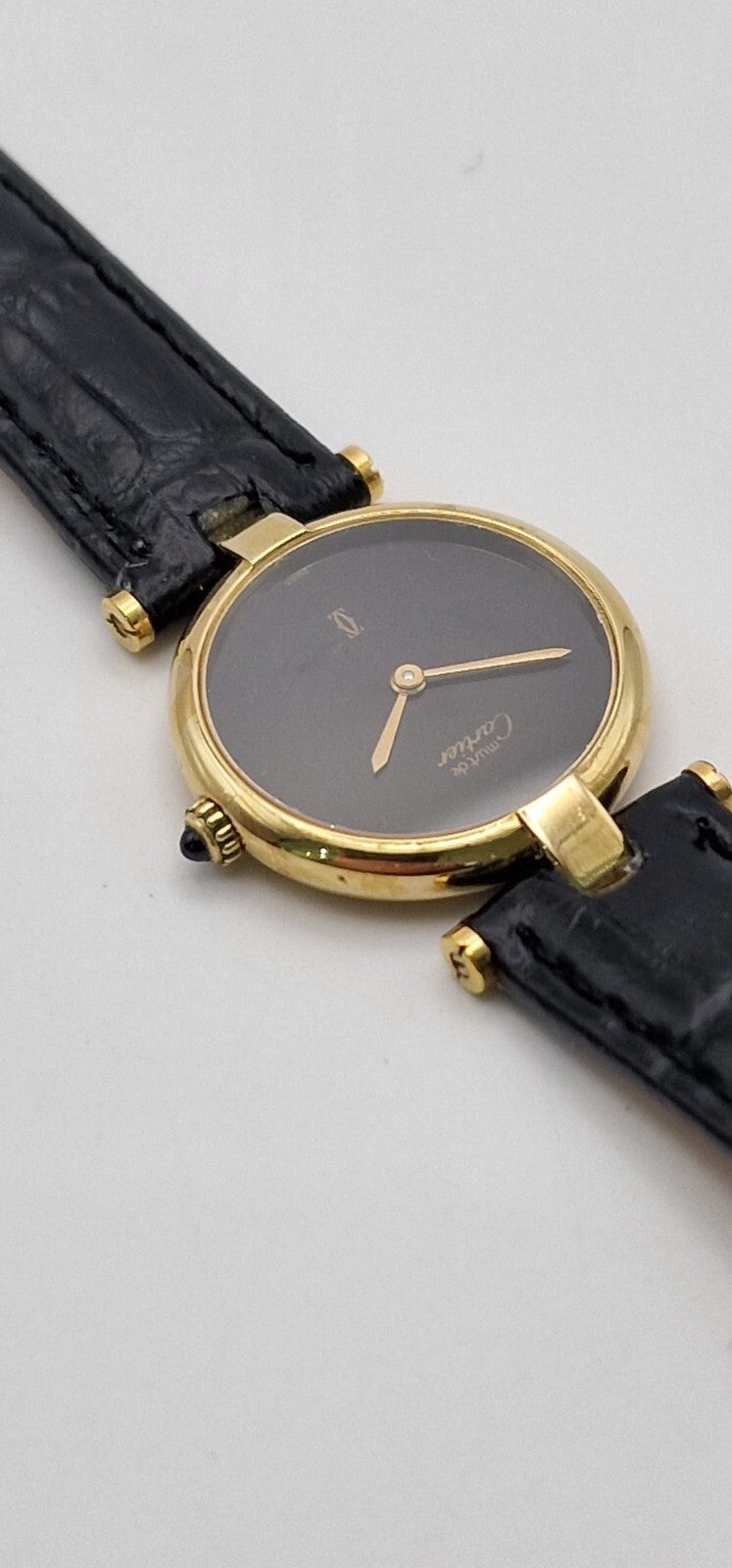 Must de Cartier Vendome 18ct Gold on Silver Lady’s Watch | Black Dial | Original Cartier Movement | New Black Leather Strap