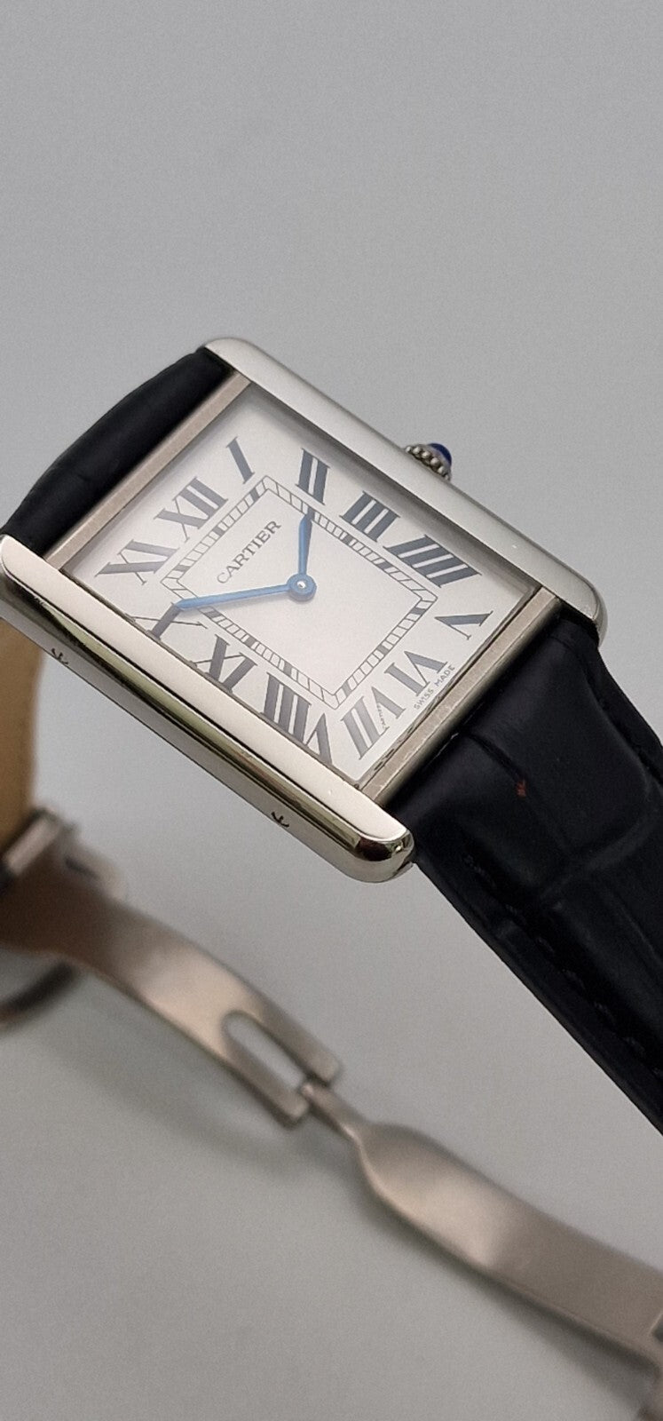 Cartier Tank Solo Gents Watch | Stainless Steel | Blue Cabochon Crown | Leather Strap | Luxury Timepiece