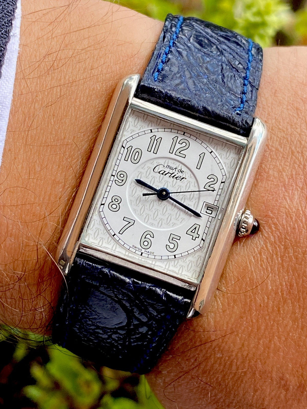Cartier Tank XL 26mm Quartz | Silver 925 | White/Gray Dial C Pattern | Blue Leather Strap | Ref. 2414 W1014354
