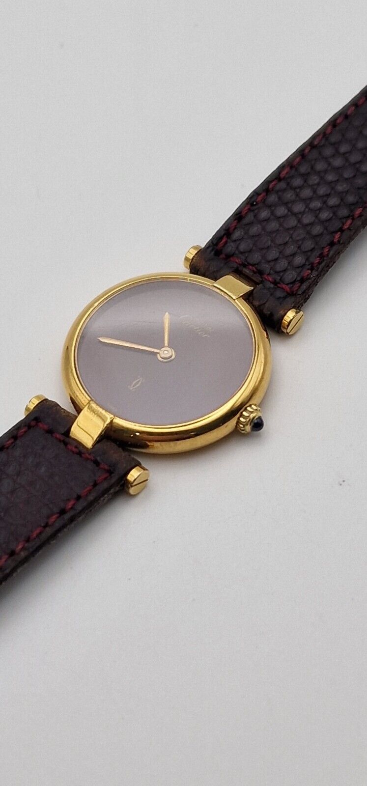 Must de Cartier 18ct Gold on Silver Lady's Watch. Burgundy Dial on Cartier Strap