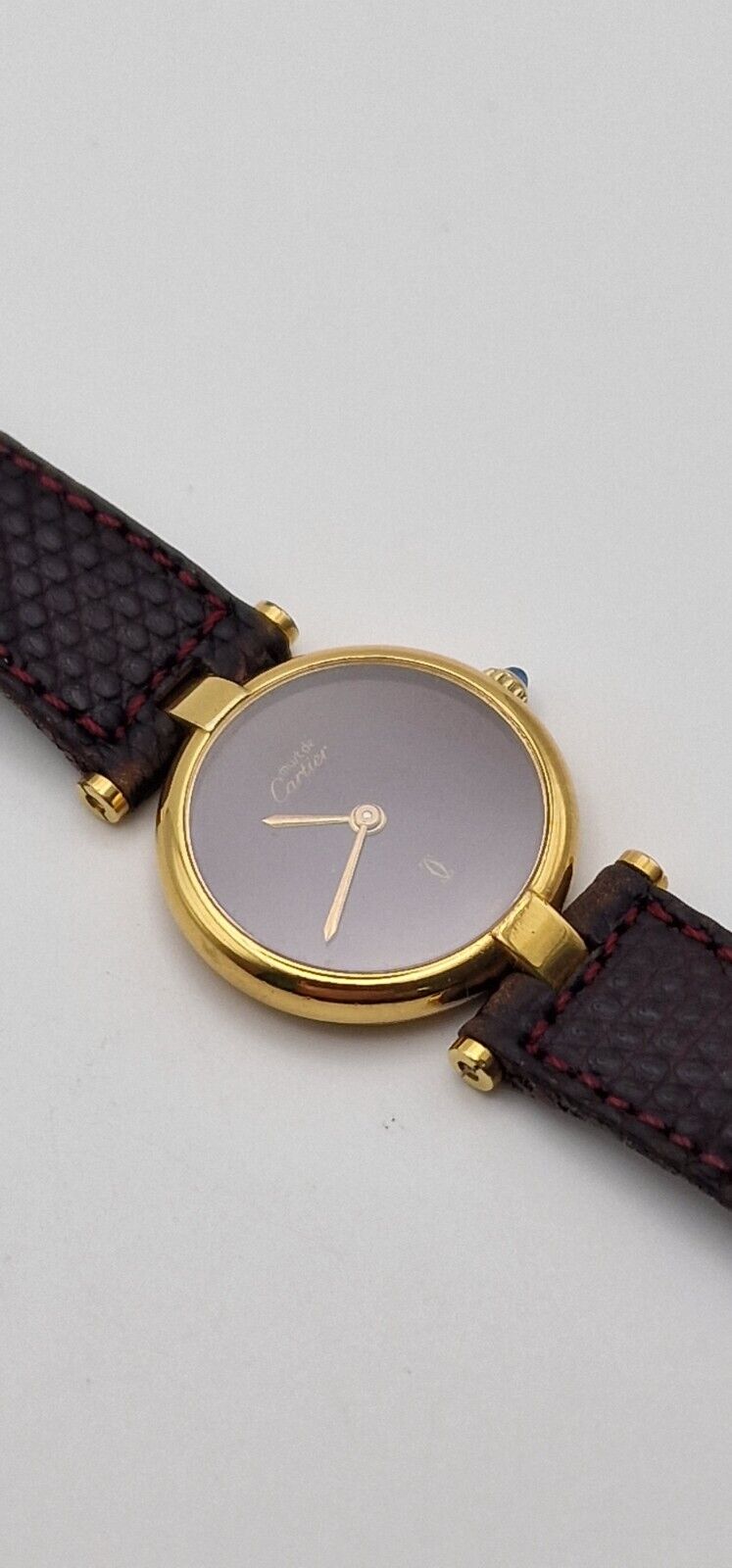 Must de Cartier 18ct Gold on Silver Lady's Watch. Burgundy Dial on Cartier Strap