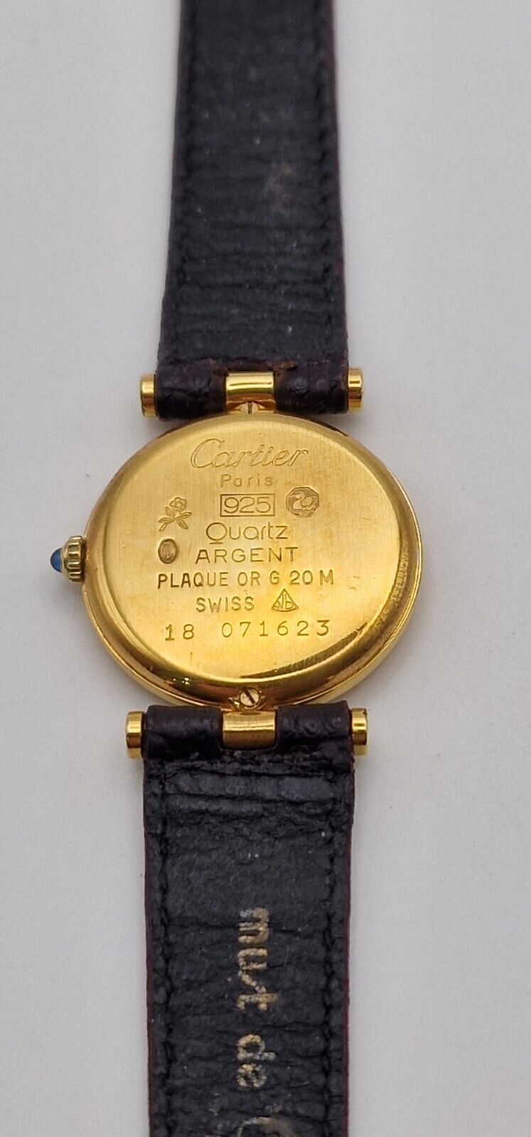 Must de Cartier 18ct Gold on Silver Lady's Watch. Burgundy Dial on Cartier Strap