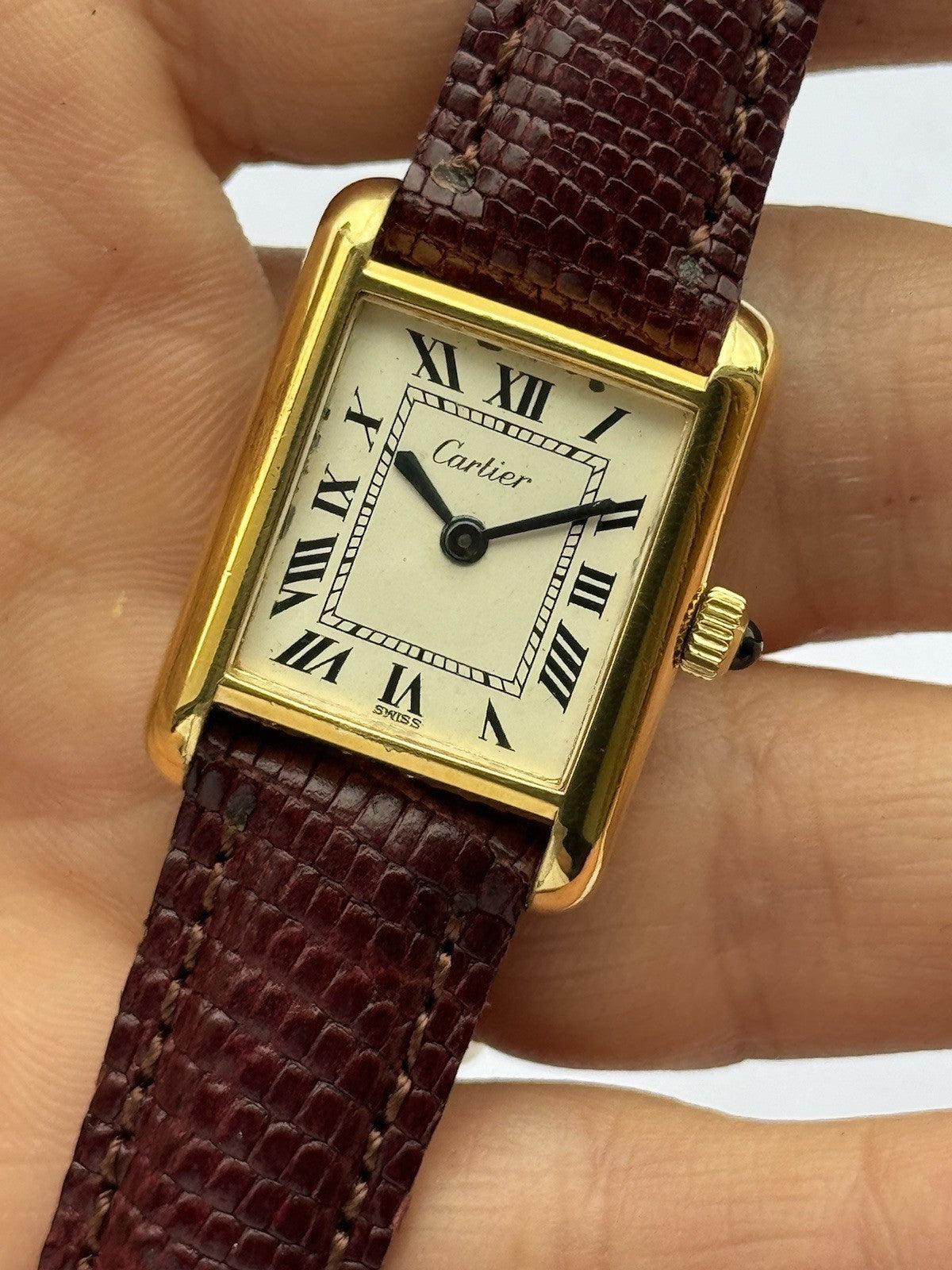 Cartier Tank Vermeil Manual Watch | Vintage Lady’s Swiss Made | Gold-Plated Stainless Steel | 24mm Case | New Leather Strap