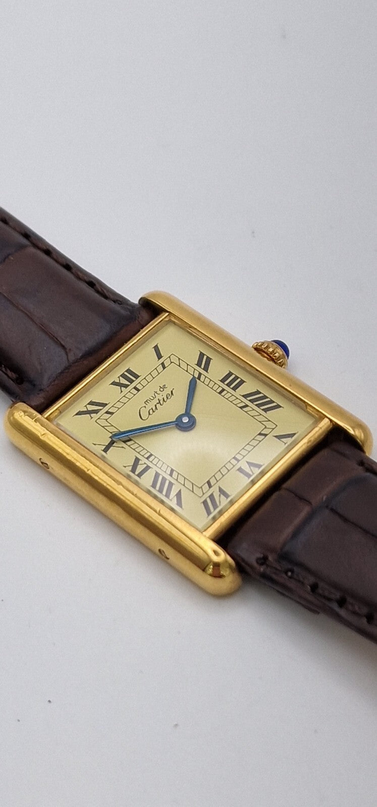 Must de Cartier Tank 18ct Gold on Sterling Silver | Mid Size Watch | New Brown Leather Strap | Vintage Luxury Timepiece
