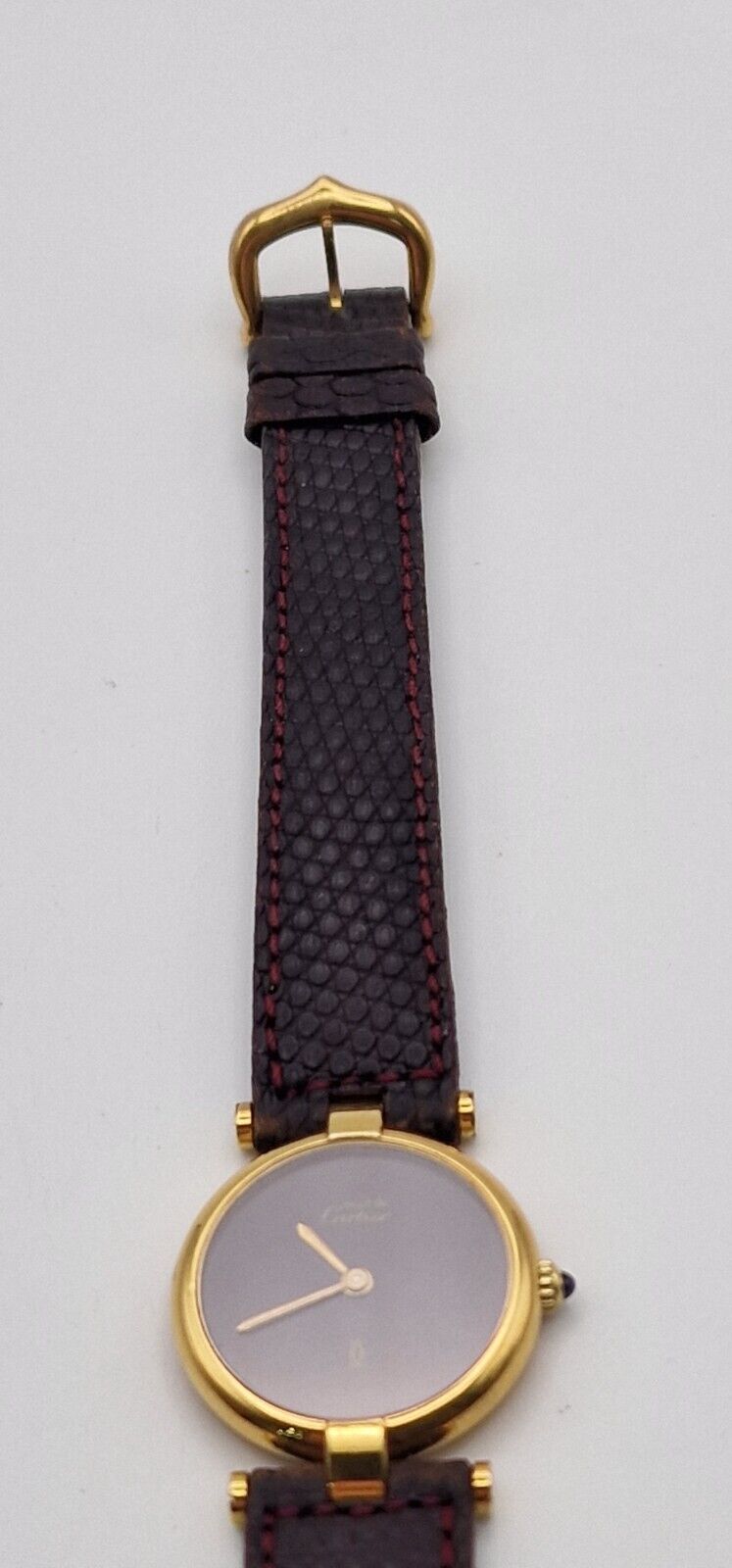 Must de Cartier 18ct Gold on Silver Lady's Watch. Burgundy Dial on Cartier Strap