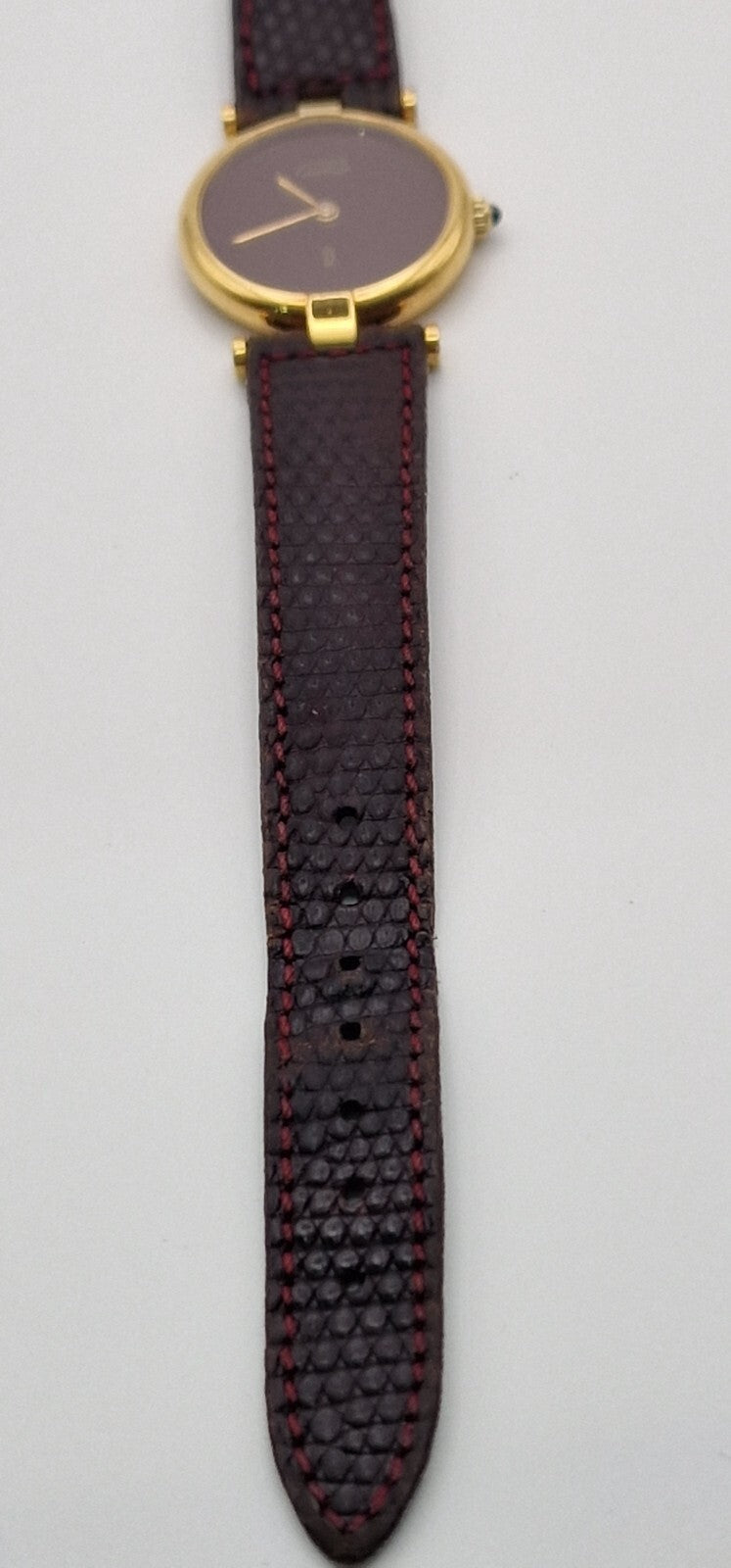 Must de Cartier 18ct Gold on Silver Lady's Watch. Burgundy Dial on Cartier Strap