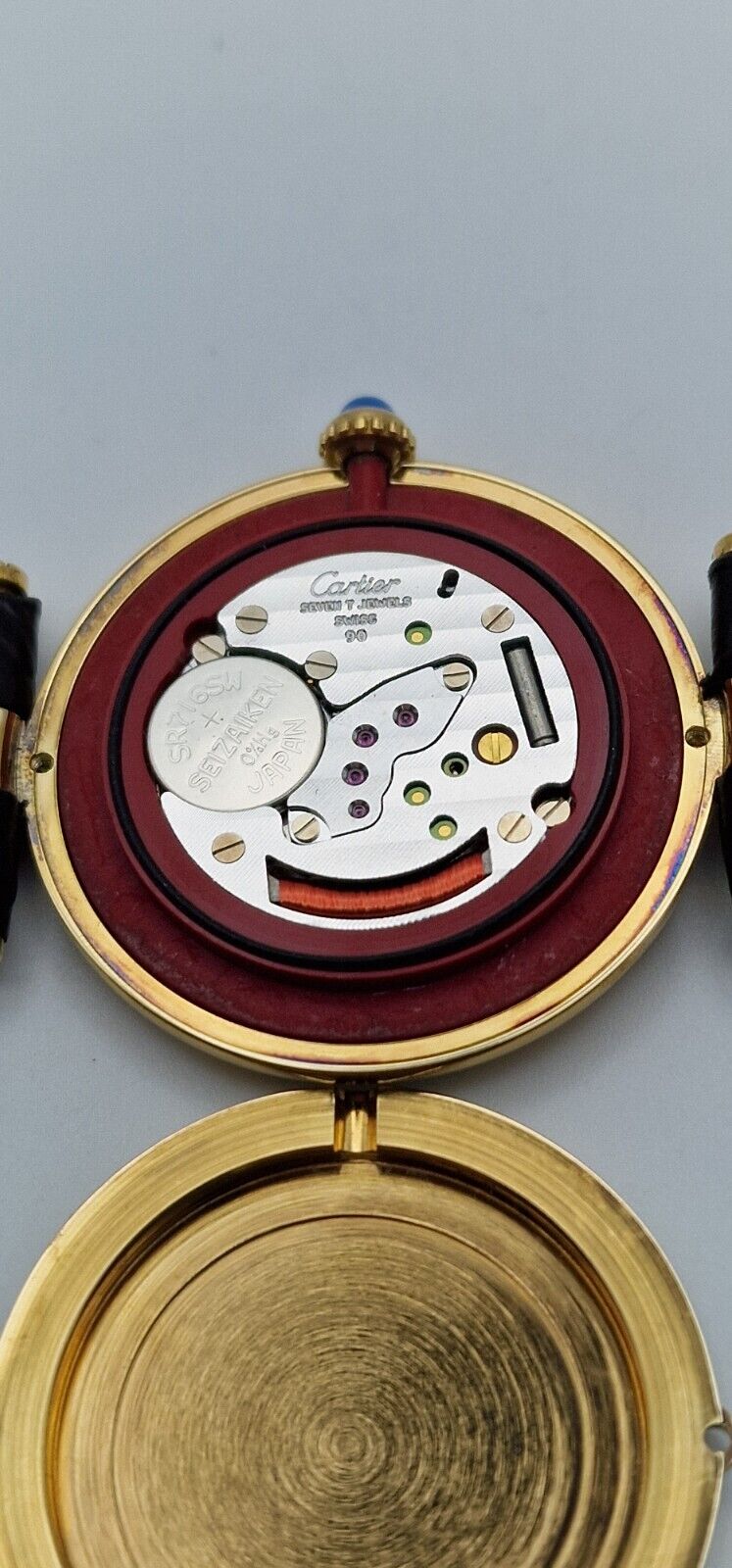 Must de Cartier Vendome 18ct Gold on Silver Mid Size Watch on New Leather Strap.