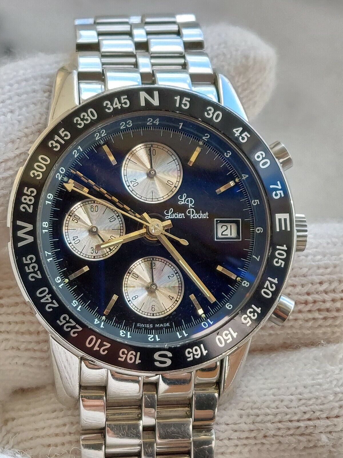 LUCIEN ROCHAT WATCH CHRONOGRAPH GMT AUTOMATIC 7750 MILITARY MENS 40.5mm SWISS