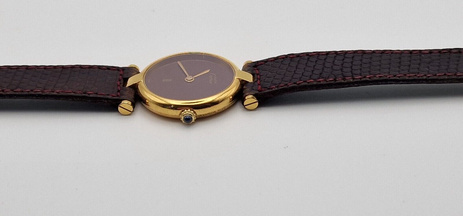 Must de Cartier 18ct Gold on Silver Lady's Watch. Burgundy Dial on Cartier Strap