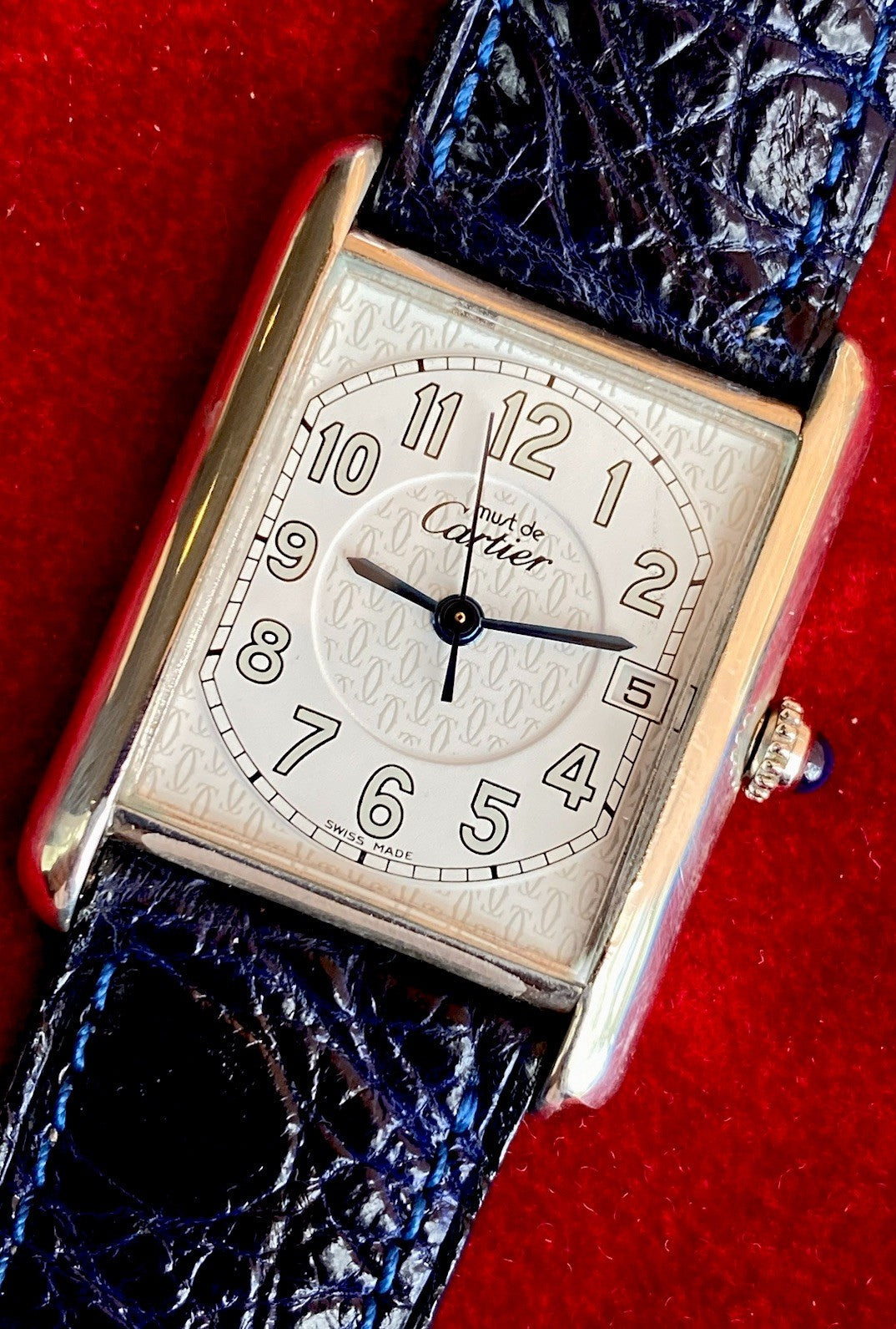Cartier Tank XL 26mm Quartz | Silver 925 | White/Gray Dial C Pattern | Blue Leather Strap | Ref. 2414 W1014354
