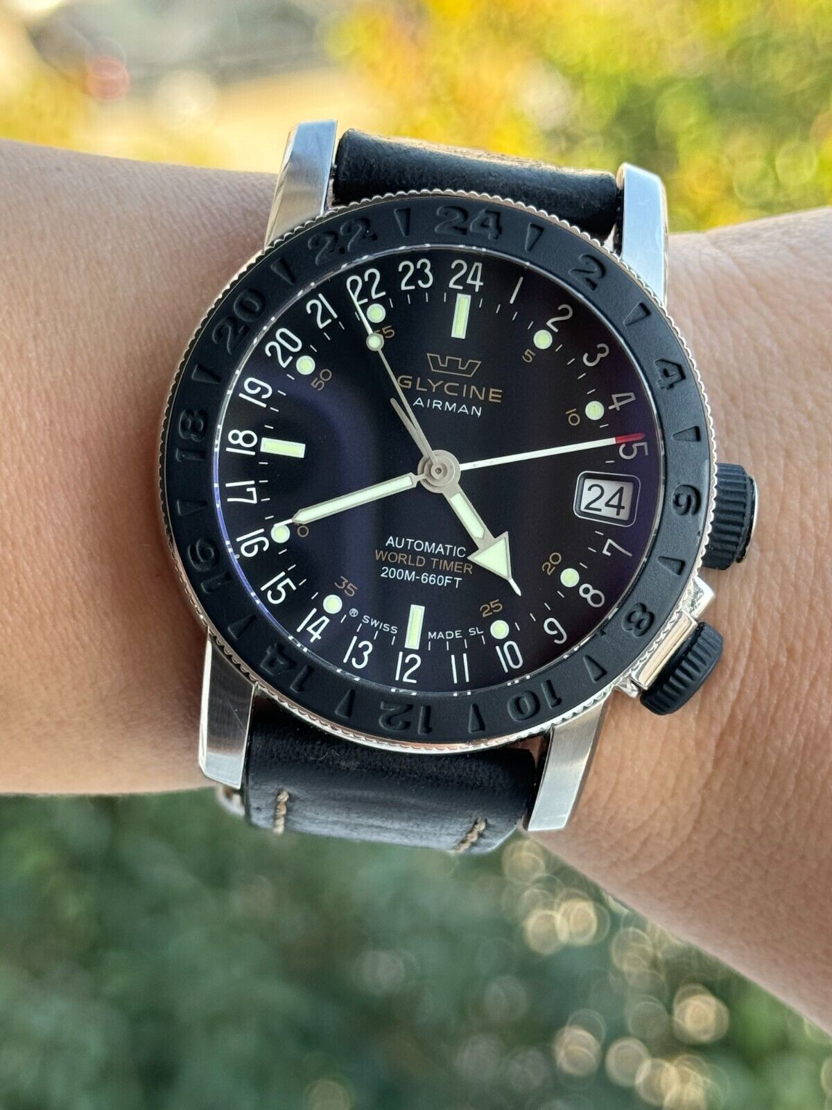 Glycine Airman World Timer Watch 3927.2 Automatic Mens 46mm Swiss Made