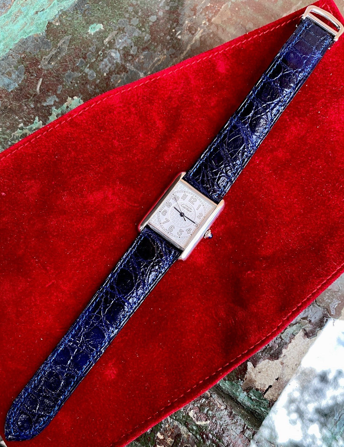 Cartier Tank XL 26mm Quartz | Silver 925 | White/Gray Dial C Pattern | Blue Leather Strap | Ref. 2414 W1014354