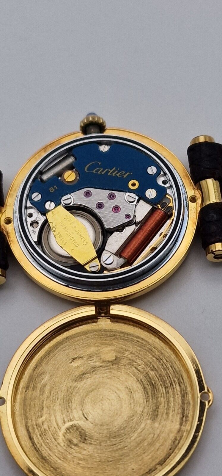 Must de Cartier 18ct Gold on Silver Lady's Watch. Burgundy Dial on Cartier Strap