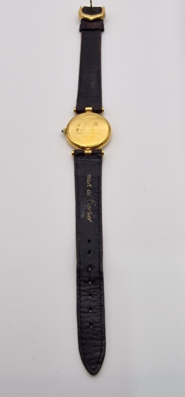 Must de Cartier 18ct Gold on Silver Lady's Watch. Burgundy Dial on Cartier Strap