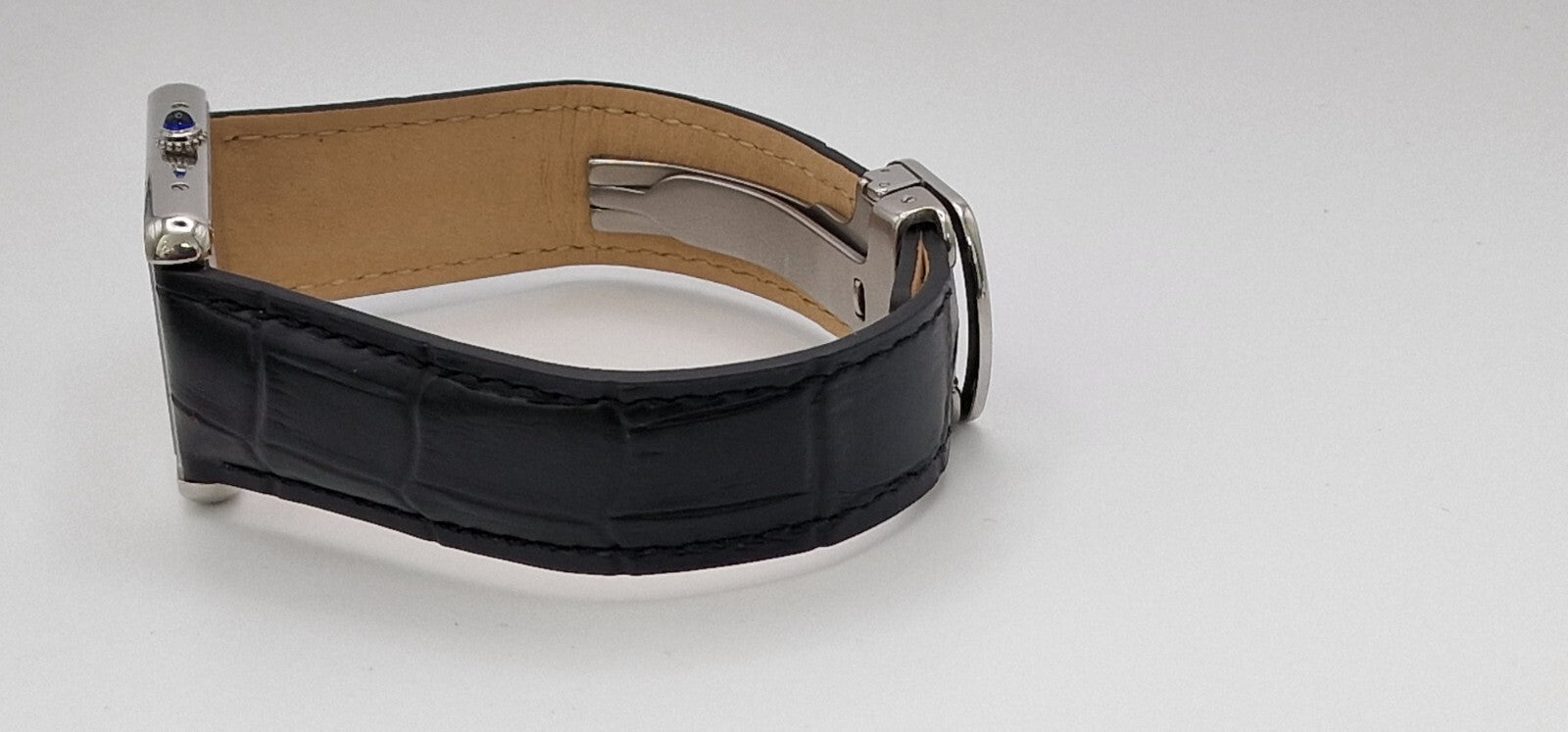 Cartier Tank Solo Gents Watch | Stainless Steel | Blue Cabochon Crown | Leather Strap | Luxury Timepiece