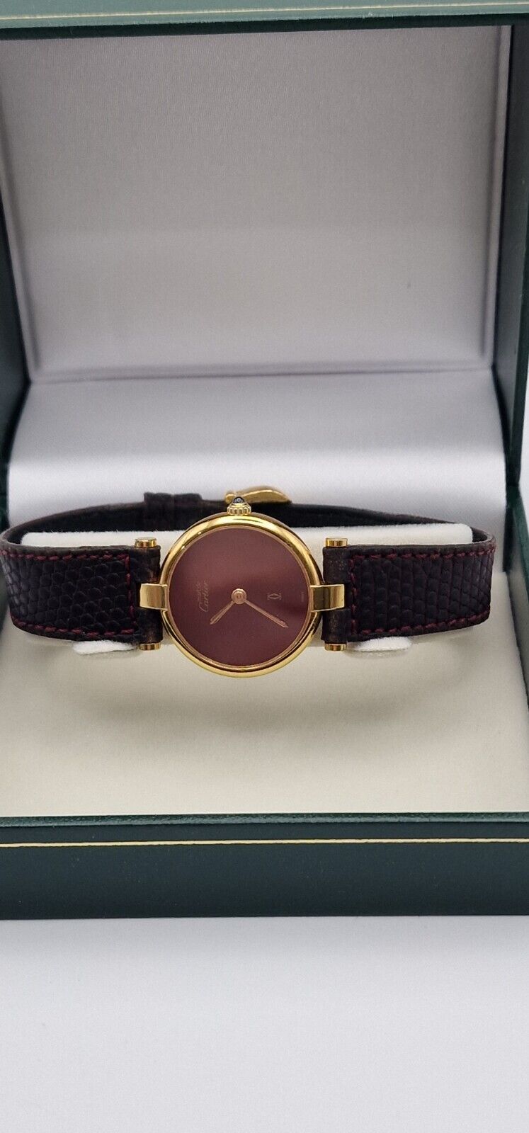 Must de Cartier 18ct Gold on Silver Lady's Watch. Burgundy Dial on Cartier Strap