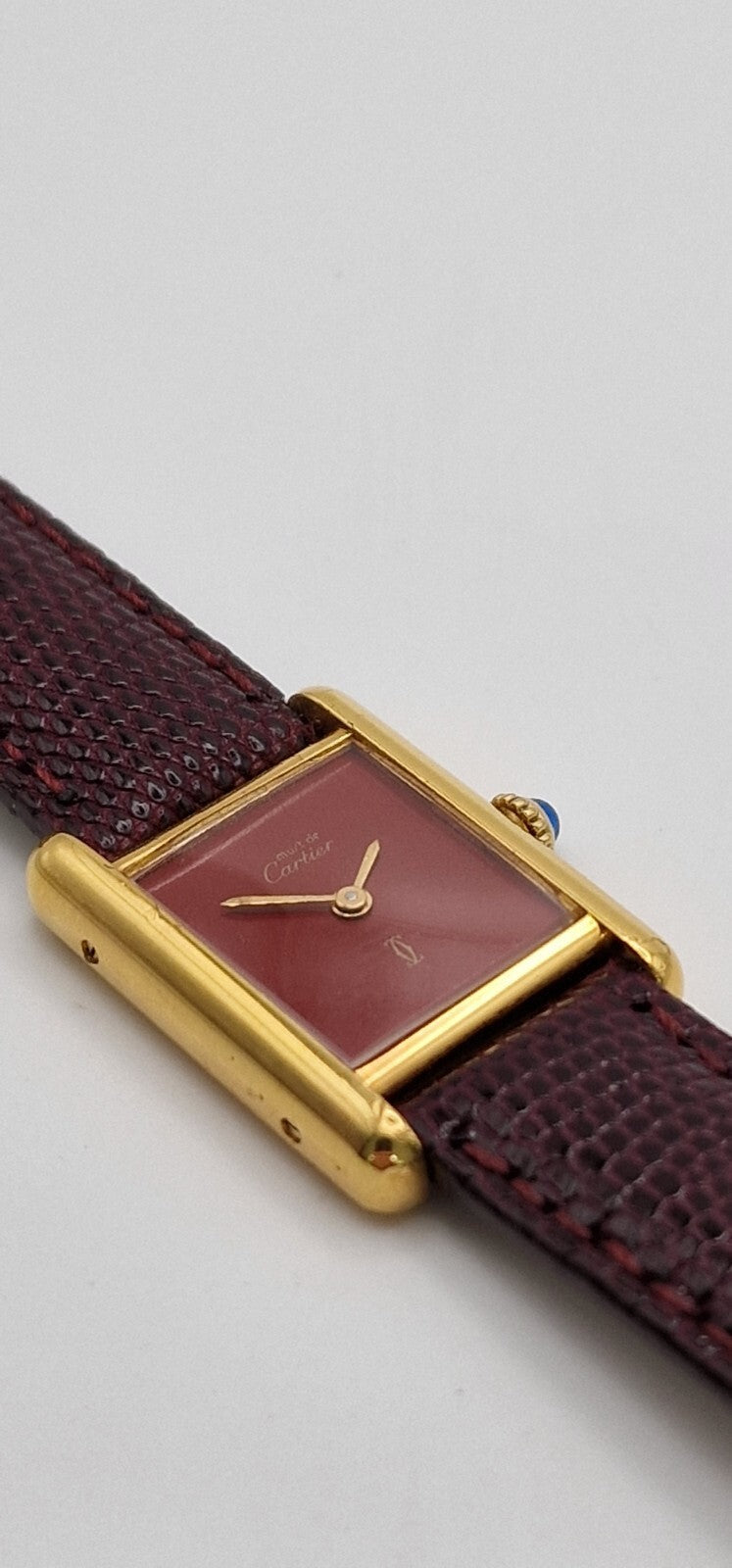 Vintage Cartier Tank Watch | 18ct Gold on Silver | Red Dial | Mechanical Hand-Wound | Ladies Luxury Timepiece | Burgundy Strap
