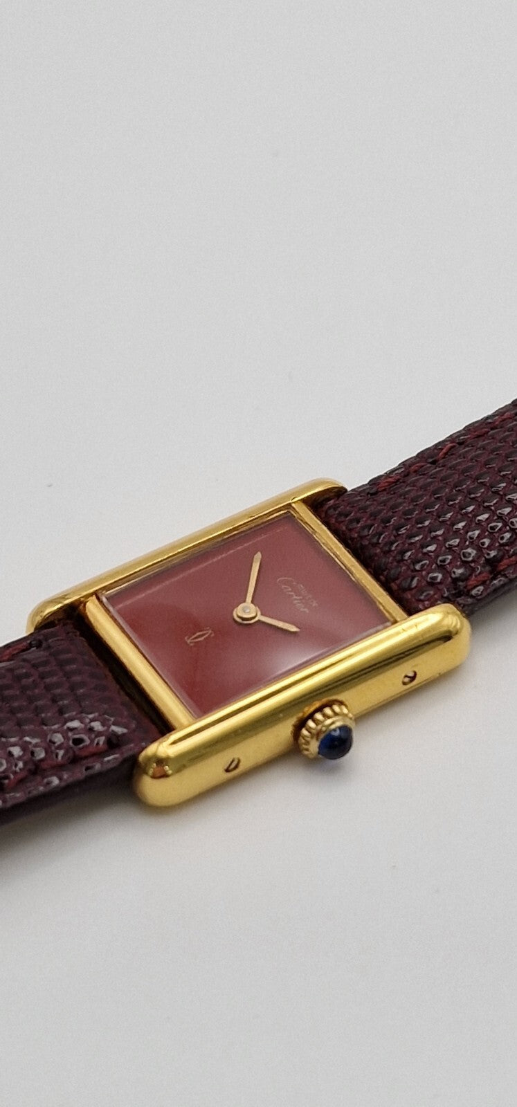 Vintage Cartier Tank Watch | 18ct Gold on Silver | Red Dial | Mechanical Hand-Wound | Ladies Luxury Timepiece | Burgundy Strap