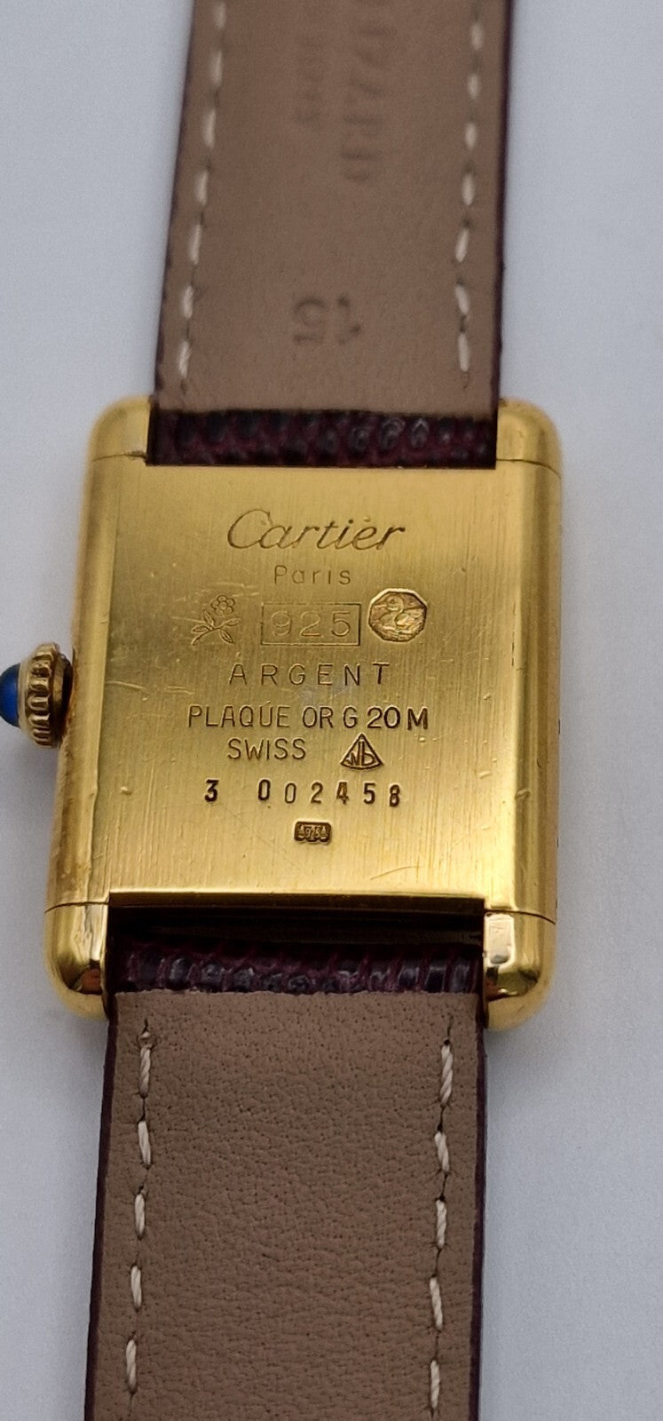 Vintage Cartier Tank Watch | 18ct Gold on Silver | Red Dial | Mechanical Hand-Wound | Ladies Luxury Timepiece | Burgundy Strap