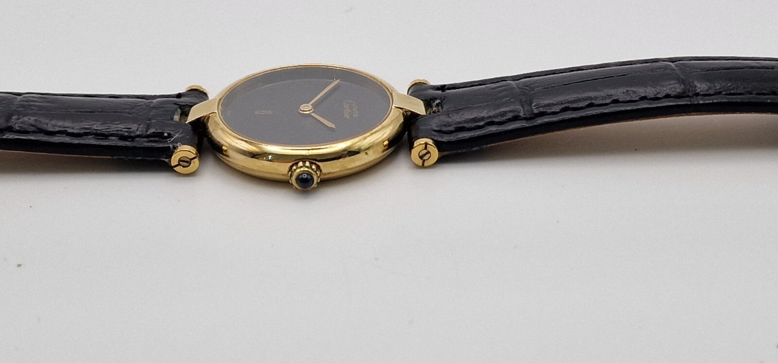 Must de Cartier Vendome 18ct Gold on Silver Lady’s Watch | Black Dial | Original Cartier Movement | New Black Leather Strap