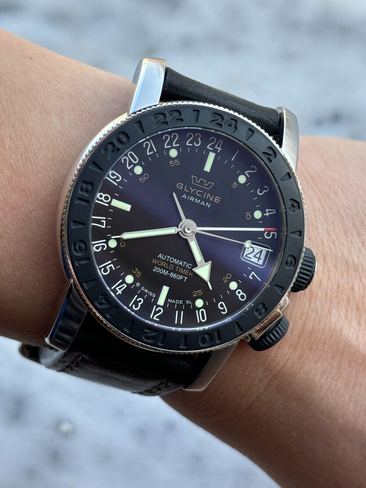 Glycine Airman World Timer Watch 3927.2 Automatic Mens 46mm Swiss Made