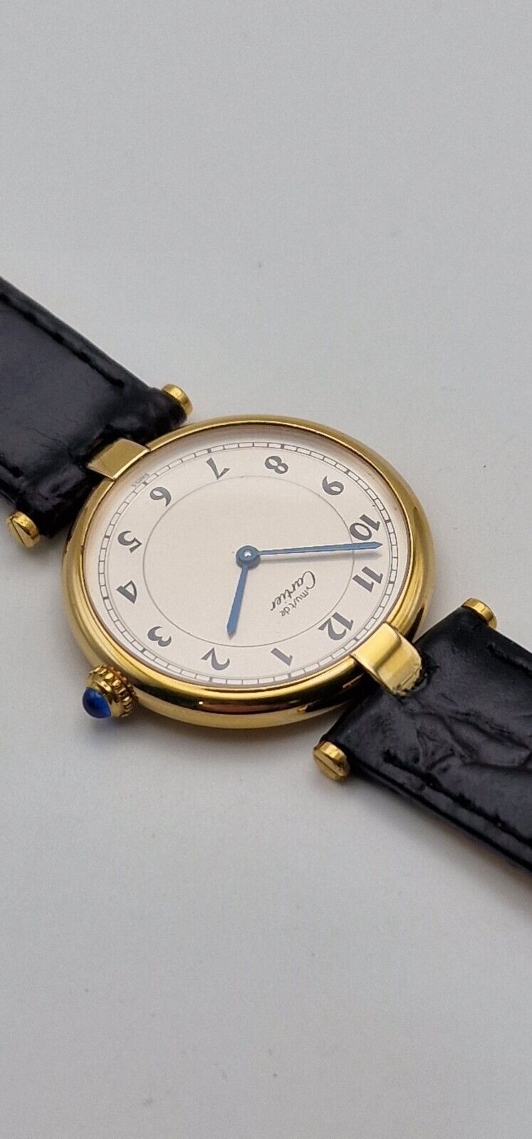 Must de Cartier Vendome 18ct Gold on Silver Mid Size Watch on New Leather Strap.