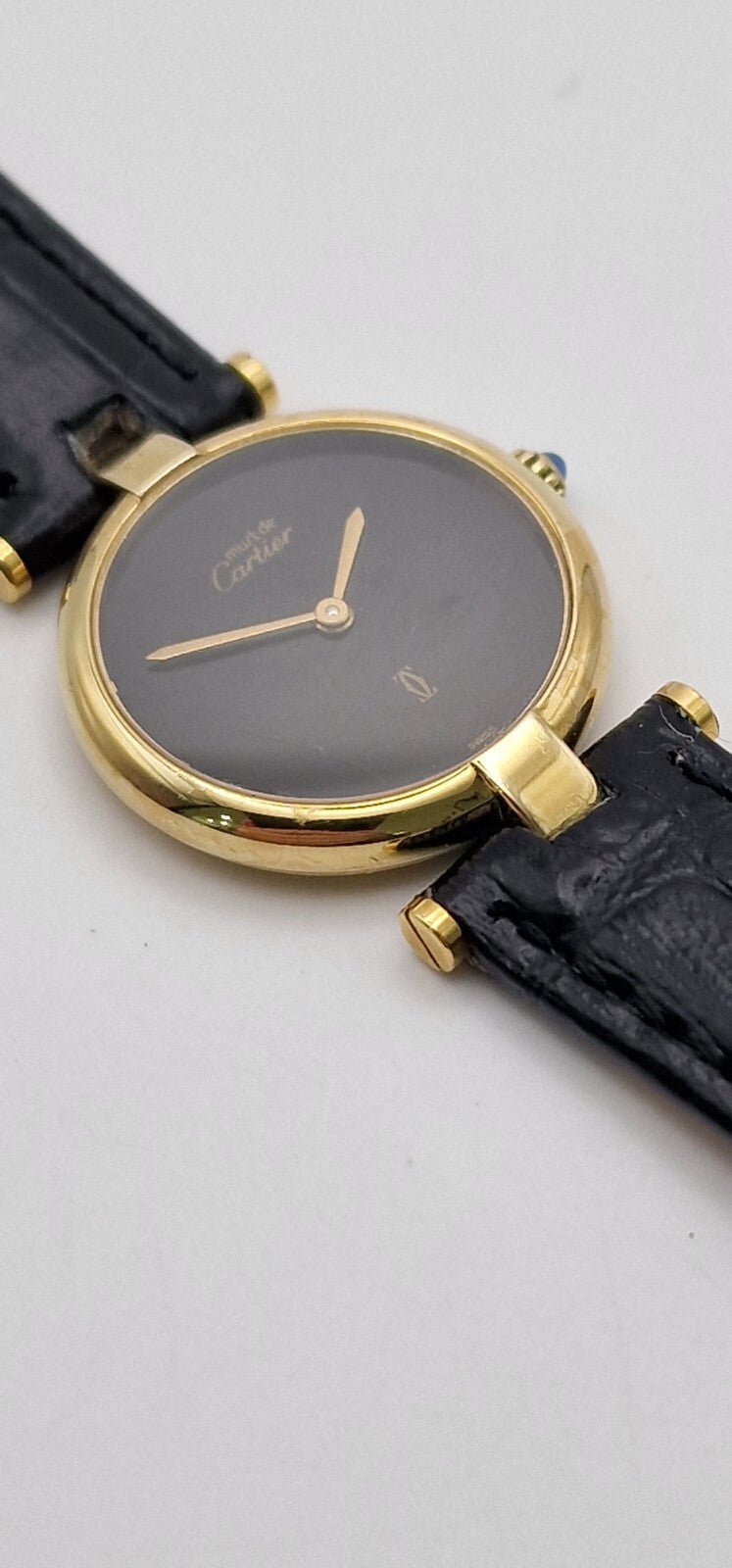 Must de Cartier Vendome 18ct Gold on Silver Lady’s Watch | Black Dial | Original Cartier Movement | New Black Leather Strap