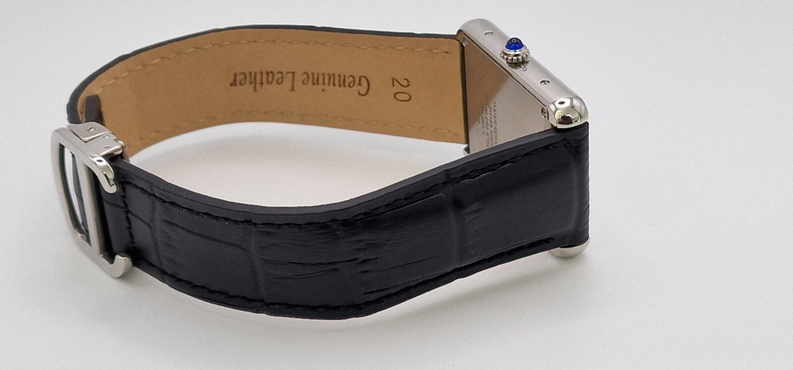 Cartier Tank Solo Gents Watch | Stainless Steel | Blue Cabochon Crown | Leather Strap | Luxury Timepiece