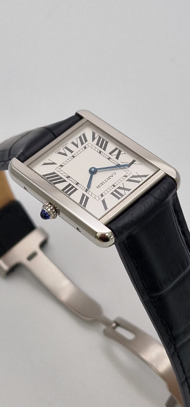 Cartier Tank Solo Gents Watch | Stainless Steel | Blue Cabochon Crown | Leather Strap | Luxury Timepiece