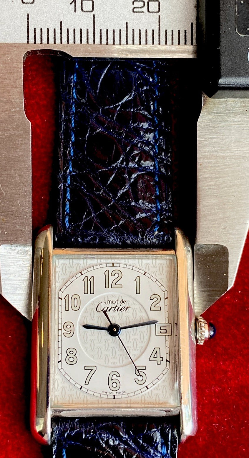 Cartier Tank XL 26mm Quartz | Silver 925 | White/Gray Dial C Pattern | Blue Leather Strap | Ref. 2414 W1014354