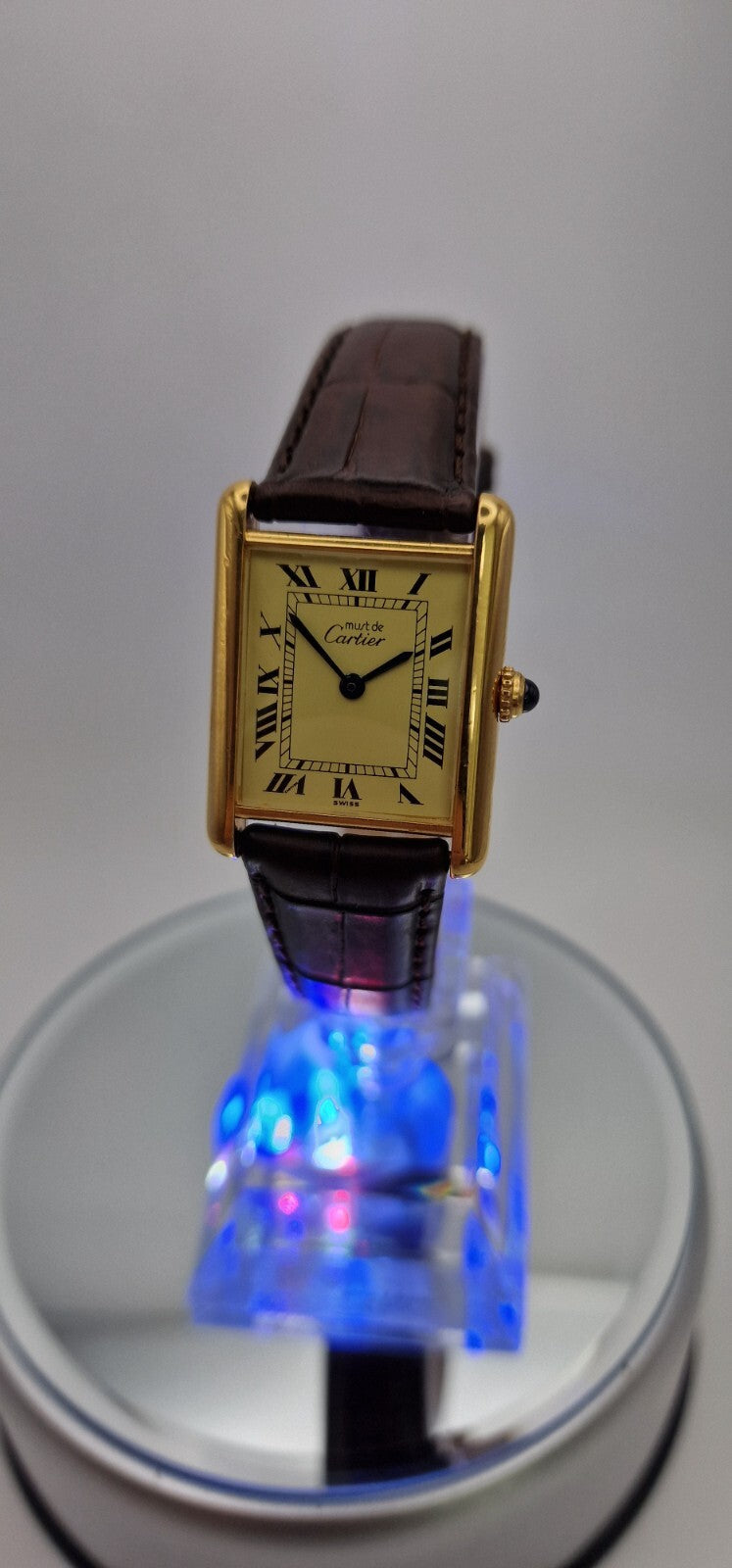 Must de Cartier Tank 18ct Gold on Sterling Silver | Mid Size Watch | New Brown Leather Strap | Vintage Luxury Timepiece