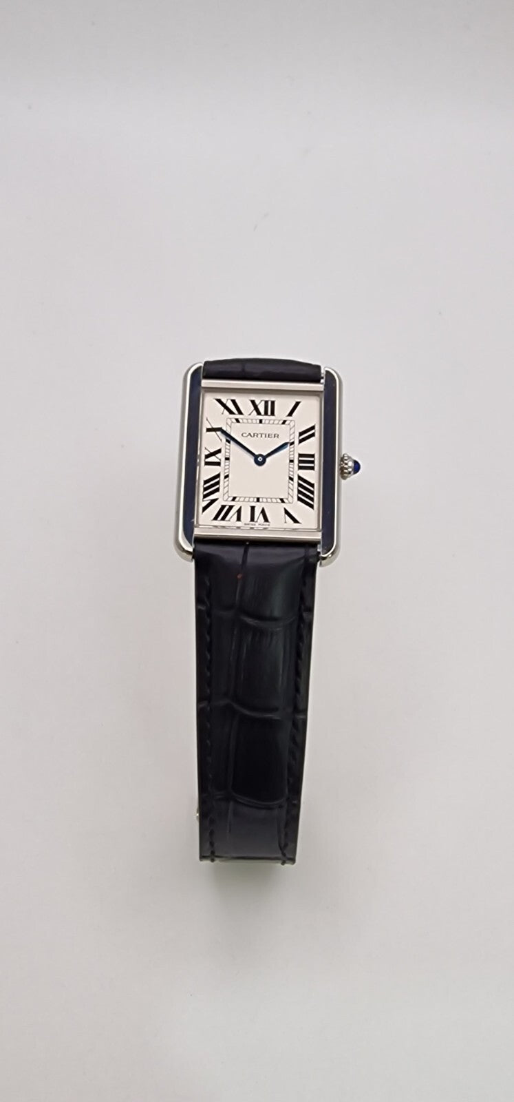 Cartier Tank Solo Gents Watch | Stainless Steel | Blue Cabochon Crown | Leather Strap | Luxury Timepiece