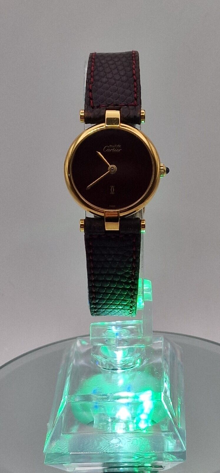 Must de Cartier 18ct Gold on Silver Lady's Watch. Burgundy Dial on Cartier Strap