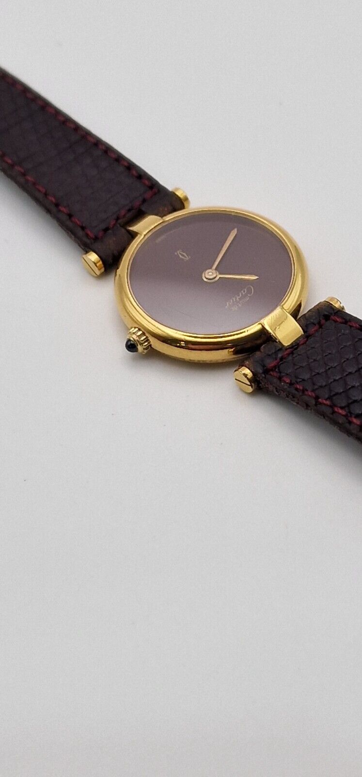 Must de Cartier 18ct Gold on Silver Lady's Watch. Burgundy Dial on Cartier Strap