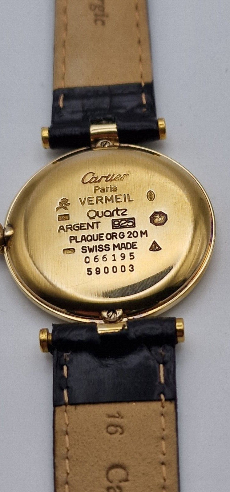 Must de Cartier Vendome 18ct Gold on Silver Mid Size Watch on New Leather Strap.