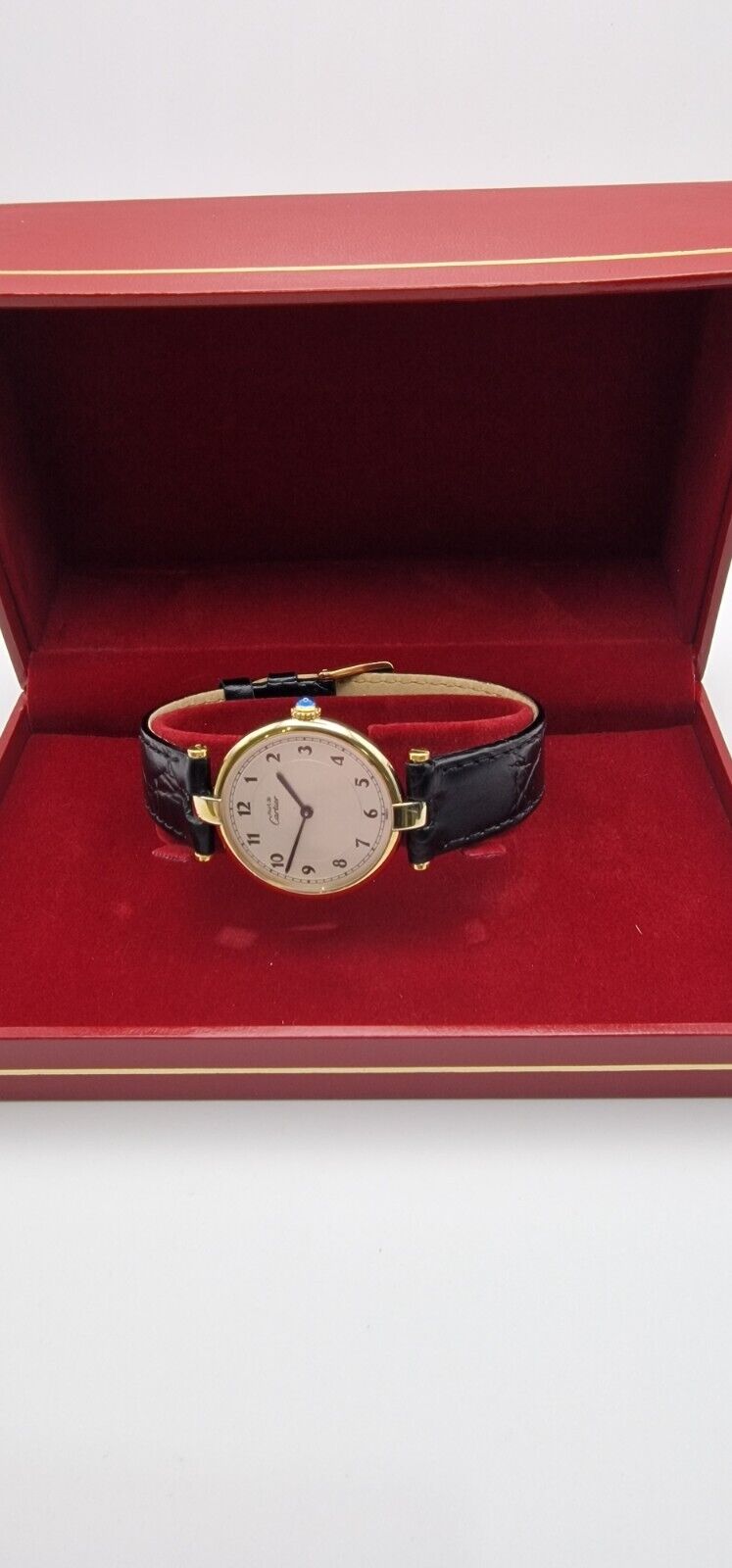 Must de Cartier Vendome 18ct Gold on Silver Mid Size Watch on New Leather Strap.