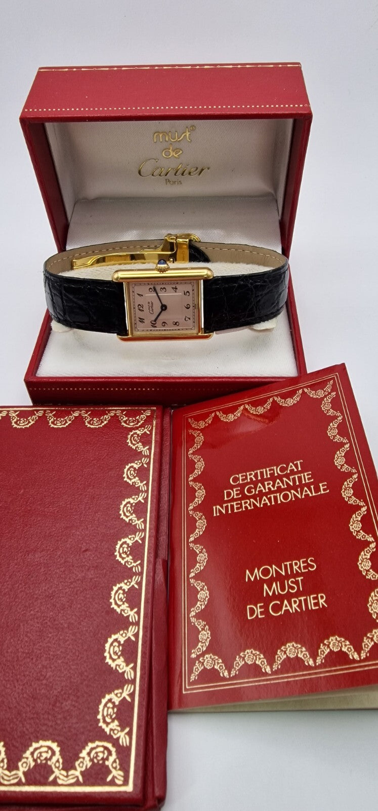 Mid Size 18K Gold on Sterling Silver Must de Cartier Tank Watch | Black Leather Strap | 1989 Vintage Box & Papers