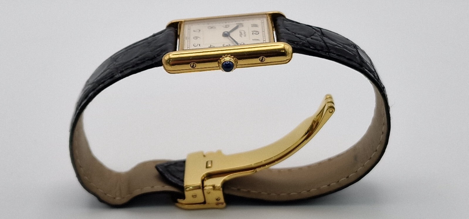 Mid Size 18K Gold on Sterling Silver Must de Cartier Tank Watch | Black Leather Strap | 1989 Vintage Box & Papers